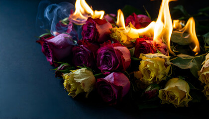 A bouquet of roses engulfed in flames, creating a striking visual contrast.