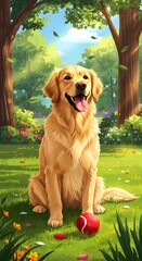 Happy Golden Retriever in Park  Cheerful Pet Illustration

