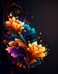 Vibrant floral design with intricate patterns and bright colors on a dark background.