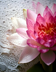 A close-up of a pink water lily with droplets on its petals and a soft background.