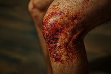 Injury concept: A close-up of a person with a bruised knee, showing the aftermath of a minor injury, Generative AI
