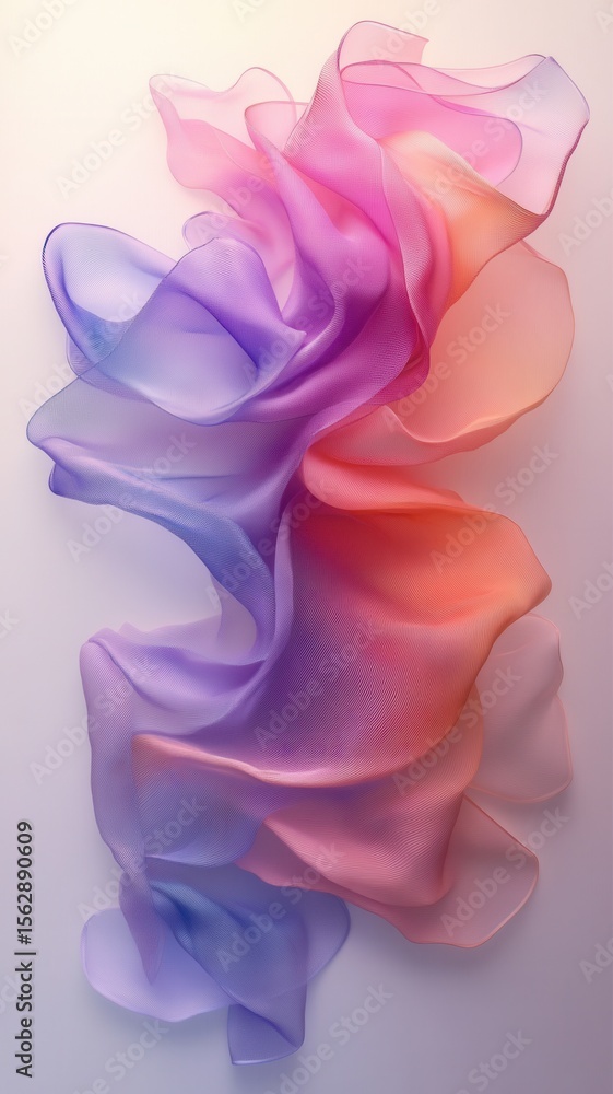 Poster pastel fabric gently cascading, creating soft waves with delicate, ethereal movement against light b