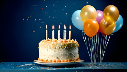 A festive birthday cake with candles, balloons, and confetti for celebration.