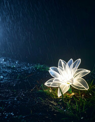 A glowing lotus flower illuminated in the rain, enhancing a serene outdoor atmosphere.