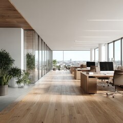 Fototapeta premium Modern, minimalist office with wood floors, large windows offering city views, and potted plants