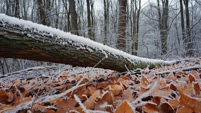 Frozen log in winter forest