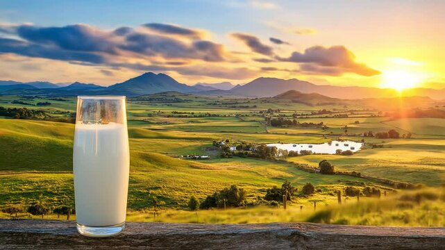 Milk glass on wood fence with sunrise view, time-lapse video