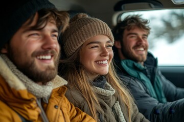 Friends on a road trip traveling by car, enjoying their adventure and taking in the beautiful scenery during their journey, Generative AI