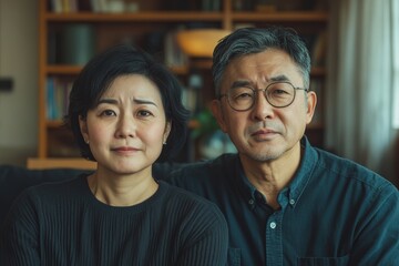 Family problem concept: An Asian wife and husband sit back to back in the living room, emotionally distanced after a heated argument, Generative AI