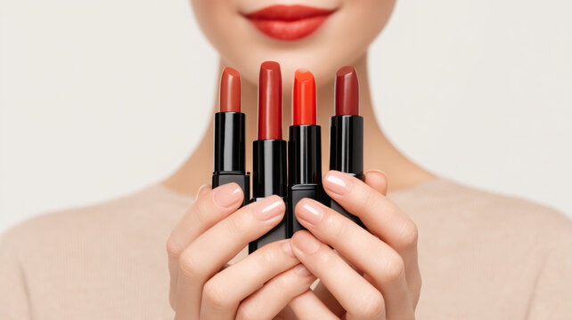 Female model holds set of vibrant lipsticks, showcasing beauty and elegance