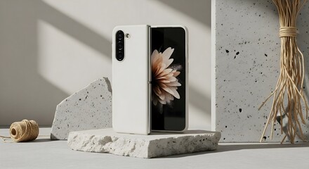 White foldable smartphone in matte case on concrete pedestal, a modern technology display with natural and sustainable product aesthetic