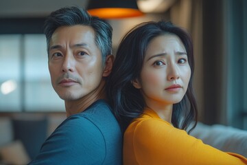 Family problem concept: An Asian wife and husband sit back to back in the living room, emotionally distanced after a heated argument, Generative AI