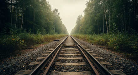 Fototapeta premium Railroad Tracks Through Autumn Forest Mist. Foggy railway cutting through a dense forest with autumn colors and a sense of solitude.