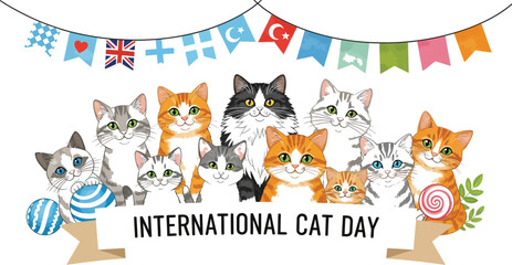 Group of cats celebrating international cat day with flags above them