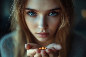 Close up hand of young women. Stressed female taking drug overdose, Generative AI