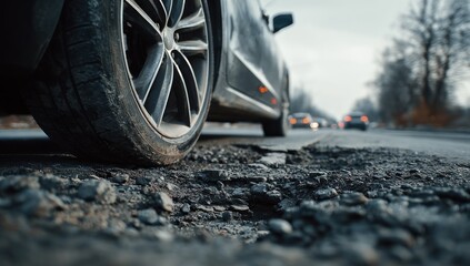 Pothole in road, car tire