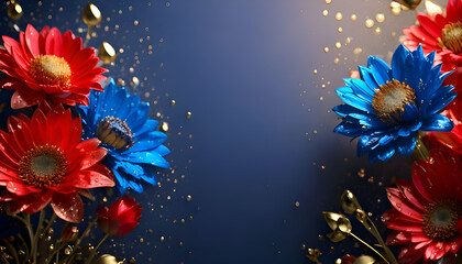 A vibrant arrangement of red and blue flowers against a dark background with sparkles.