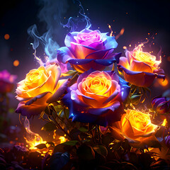 A vibrant arrangement of glowing roses in fiery colors, symbolizing beauty and passion.