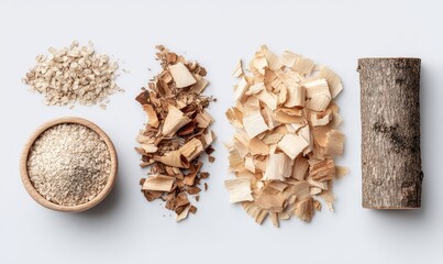 Overhead shot of various wood byproducts sawdust, wood chips, shavings, and a log, against a light gray background