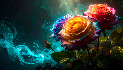 A vibrant arrangement of roses with magical light effects and swirling mist.