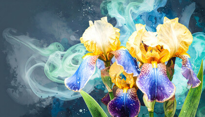 A vibrant digital artwork of irises with colorful smoke effects in the background.