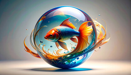 A vibrant goldfish swims inside a colorful, swirling glass orb.