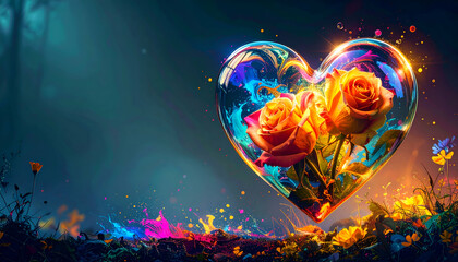 A vibrant heart-shaped glass encasing roses, surrounded by colorful splashes.