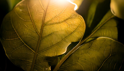 Close-up of green leaves illuminated by soft light, showcasing intricate textures.