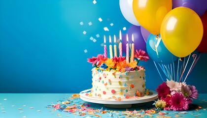 A festive birthday cake adorned with flowers, candles, balloons, and confetti.