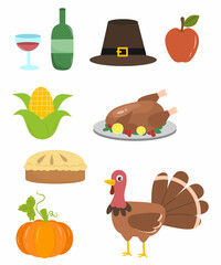 Thanksgiving food elements: turkey, pie, corn, wine, and more. Use for holiday-themed designs.