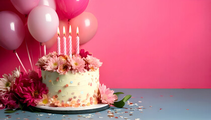 A festive cake adorned with flowers and balloons, perfect for a celebration.