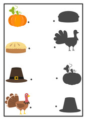 Matching shadow worksheet for kindergarten, find the correct shadow activity, thanksgiving worksheet for kids