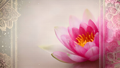 A serene pink water lily blooms gracefully, framed by delicate lace patterns.