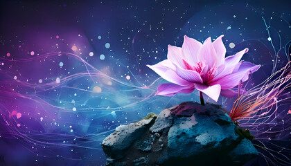 A serene digital artwork featuring a pink lotus flower on a rock against a cosmic background.