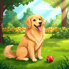 Happy Golden Retriever in Park  Cheerful Pet Illustration
