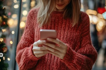 Woman using a smartphone while shopping in the city, browsing online or staying connected as she enjoys her shopping experience, Generative AI