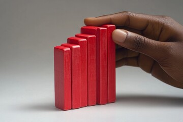 Risk management concept: Hands stopping the domino effect before it falls, symbolizing financial protection and stability, Generative AI