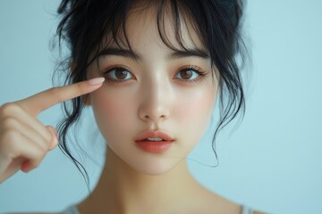 Lack of sleep problem,  Worried Asian young woman pointing finger at dark circles under her eyes, Generative AI