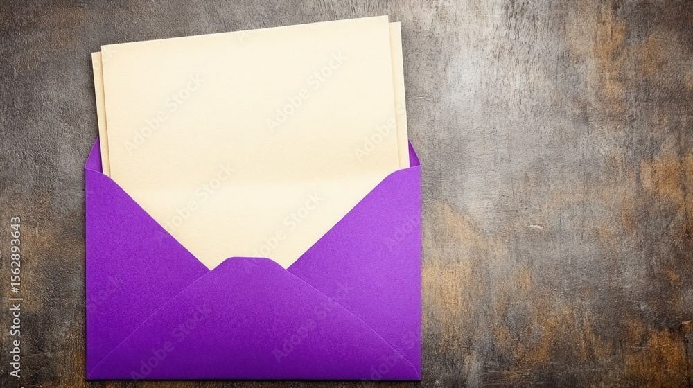 Poster purple envelope with cream paper on textured rustic background