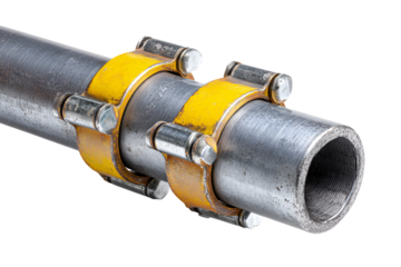 Industrial Pipe Coupling Yellow Clamps, Metal Pipe, Bolts, Rusty