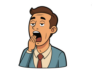Boredom at Work: A cartoon businessman, captured mid-yawn, his expression a visual representation of fatigue, sleepiness, and the monotony of the office life.