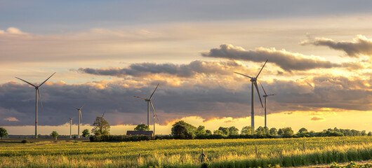 Wind turbines field. Wind power station. Evening sky