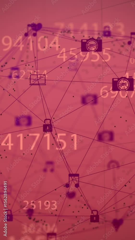 Poster animation of multiple changing numbers and spinning globe of digital icons against pink background
