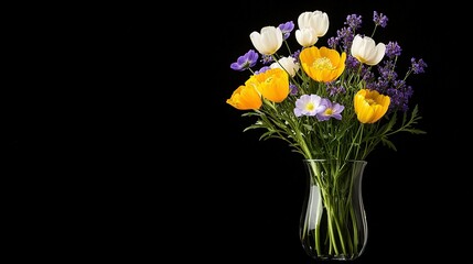 Colorful flowers in a clear glass vase against a black background.
