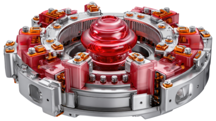 Intricate Technological Marvel: Detailed shot of a complex technological component, featuring an array of interconnected parts with a prominent central element.