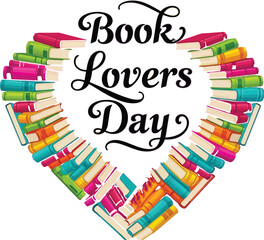 Book lovers day text with heart shaped books on a purple background