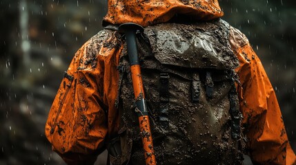 Raincoat and hiking stick with muddy background gear texture and outdoor vibe perfect for weather-ready branding