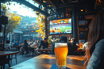 Pub Scene: Capture the atmosphere of a cozy pub, showcasing a pint of golden beer, Glass of beer  with a soccer game playing on television in the background.