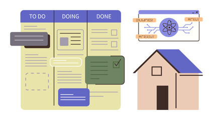 Kanban board with tasks under To Do, Doing, and Done, atomic model concept for science, simple house design. Ideal for workflow management, education, planning, engineering collaboration