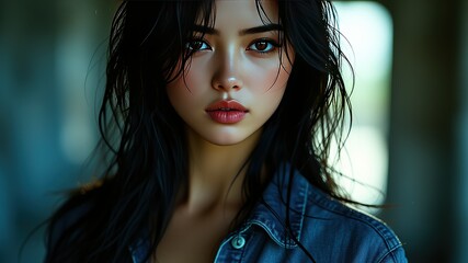 Naklejka premium AI-Generated Portrait of a Woman in Natural Light with Intense Expression